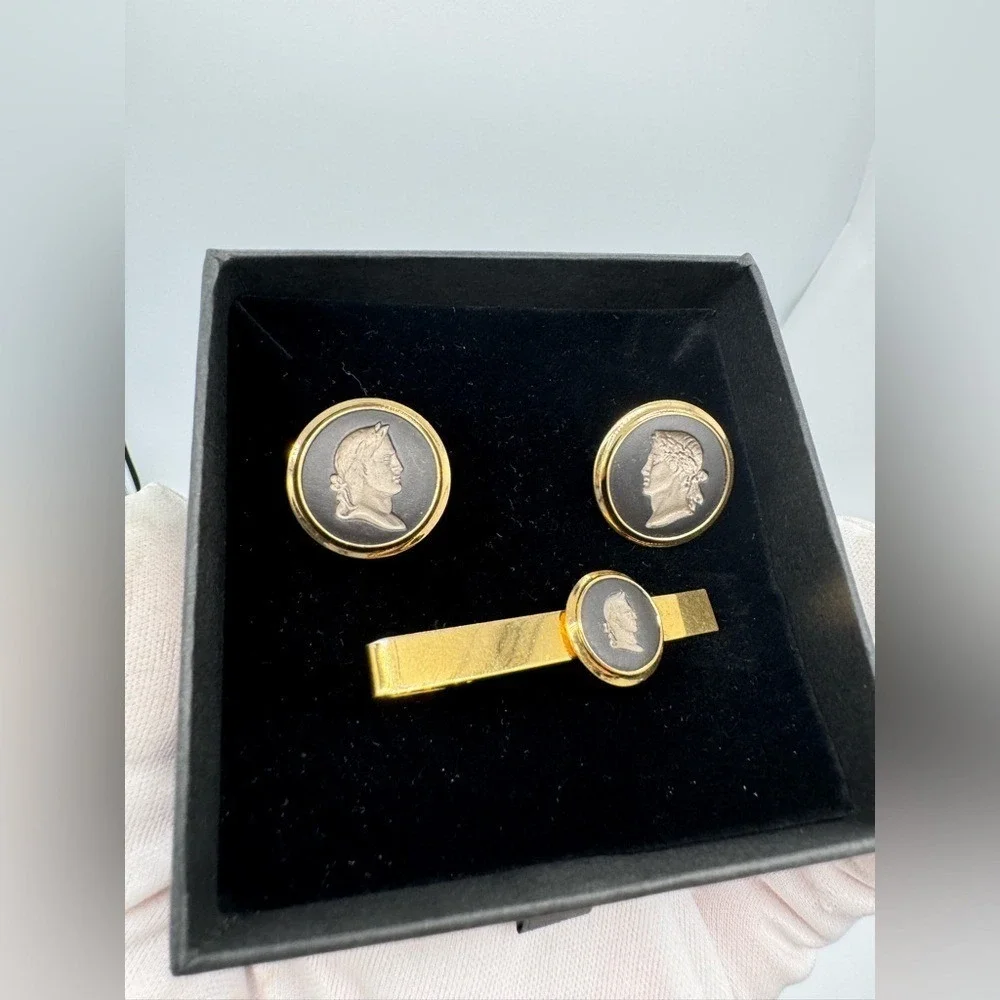 Wedgwood black Cameo Cufflinks Tie Clip‎ Set Gold Tone Mens Formal Gift for him